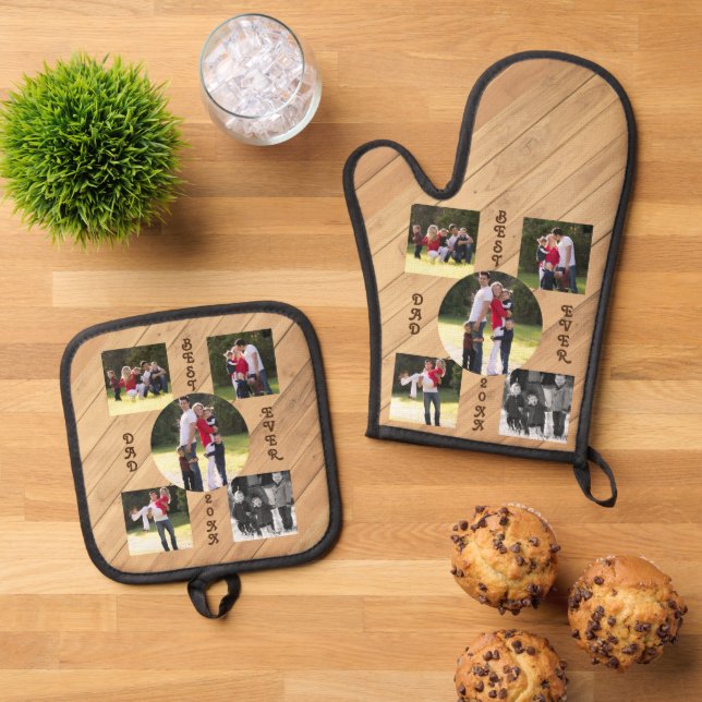 5 Photo Best Dad Ever 20XX Wood Grain Diagonal Oven Mitt & Pot Holder Set (Top Down)