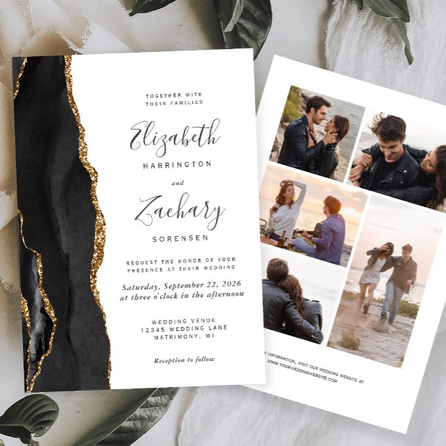5-Photo Black Gold Agate White Wedding Invitation (Creator Uploaded)