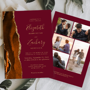 5-Photo Burnt Orange Gold Agate Burgundy Wedding Invitation