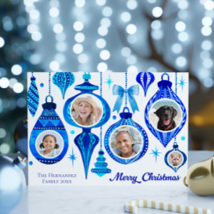 5 Photo Christmas Baubles Blue Watercolor Family Holiday Card