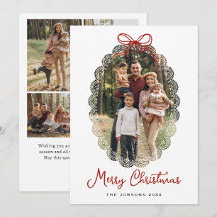 5 Photo Christmas Elegant Vintage Lace Red Bow Holiday Card