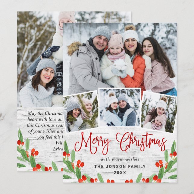 5 PHOTO Christmas Rustic Birch Bark Greeting Holiday Card (Front/Back)