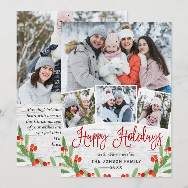 5 PHOTO Christmas Rustic Birch Bark Greeting Holiday Card (Front/Back)