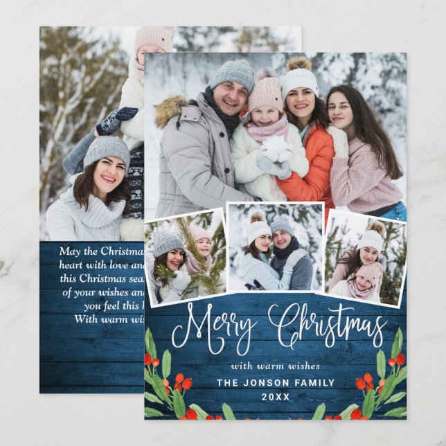 5 PHOTO Christmas Rustic Blue Wood Greeting Holiday Card (Front/Back)