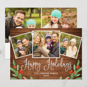 5 PHOTO Christmas Rustic Brown Wood Greeting Holiday Card