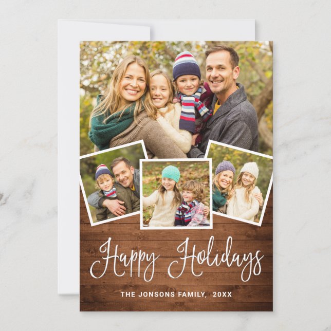 5 PHOTO Christmas Rustic Brown Wood Greeting Holiday Card (Front)