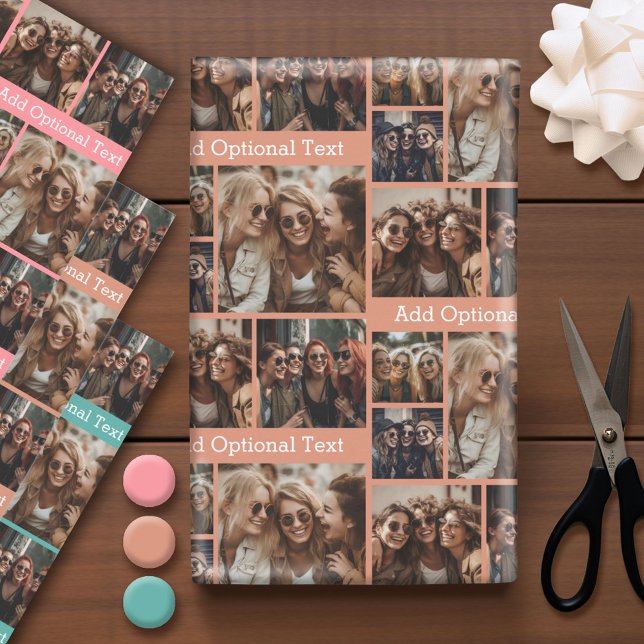 5 photo Collage - Best Friends Coral Teal Natural Wrapping Paper Sheet (Custom Photo Wrapping Paper)