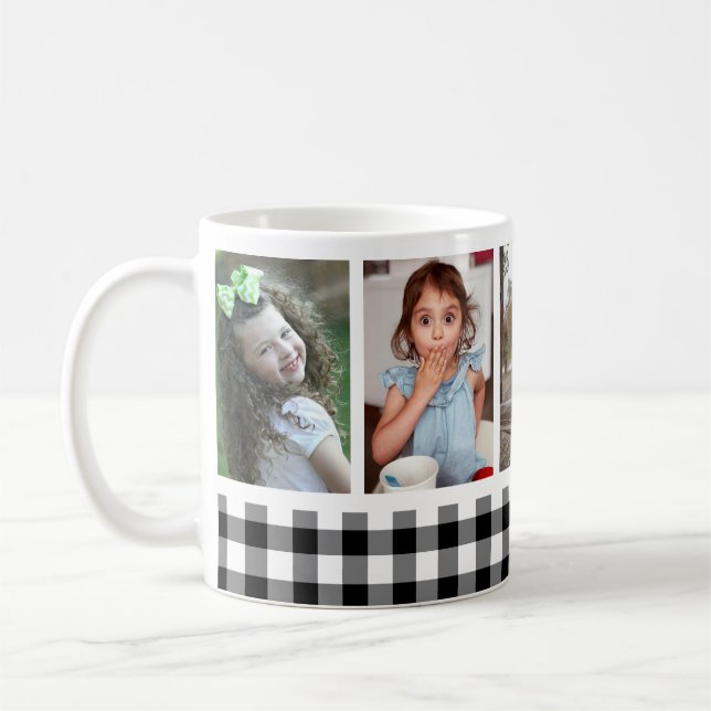 5 Photo Collage Black Buffalo Plaid Holiday Coffee Mug (Left)