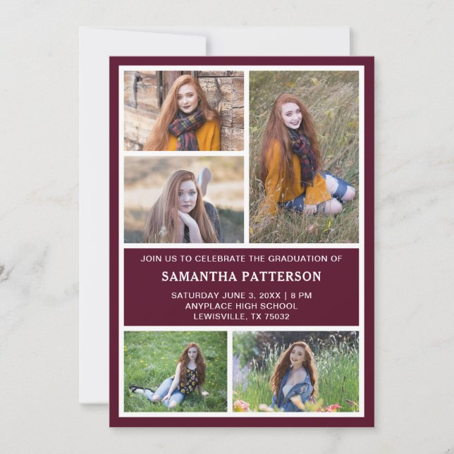  5 Photo Collage Burgundy Red & White Graduation Invitation (Front)