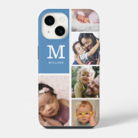 5 Photo Collage Family Monogram Name Slate Blue