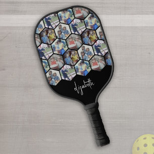 5 Photo Collage - funky hexagon pattern - name Pickleball Paddle