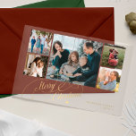 5 photo collage gold Merry Christmas script card Acrylic Invitations<br><div class="desc">Elegant stylish Merry Christmas faux gold classic calligraphy script five family photos clear transparent acrylic holiday card with your custom personalized text on both sides.           PLEASE NOTE that the background colour is editable. You can change it after selecting CUSTOMIZE option down below the PERSONALIZE IT menu.</div>