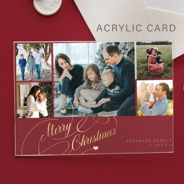 5 photo collage gold Merry Christmas script card Acrylic Invitations (Creator Uploaded)