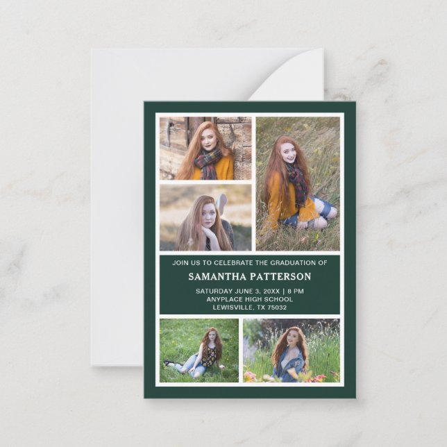 5 Photo Collage Green & White Graduation Ceremony  Card (Front)