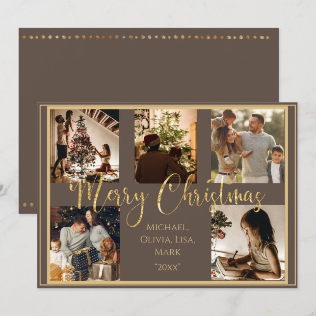 5 Photo Collage Merry Christmas Gold  Holiday (Front/Back)