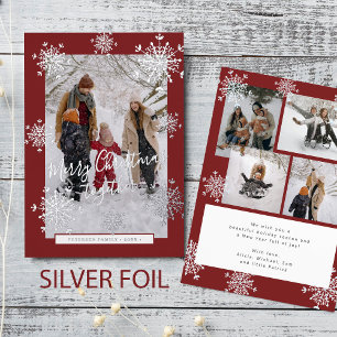 5 photo collage Merry Christmas silver snowflakes Foil Holiday Card