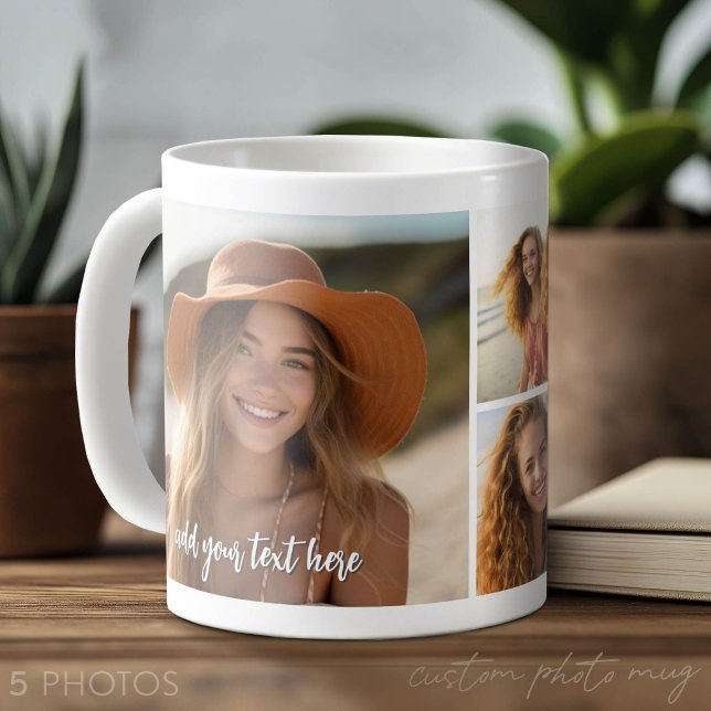5 Photo Collage - Mod Minimal with Script Text Coffee Mug (Custom Photo Mug with 5 Photos)