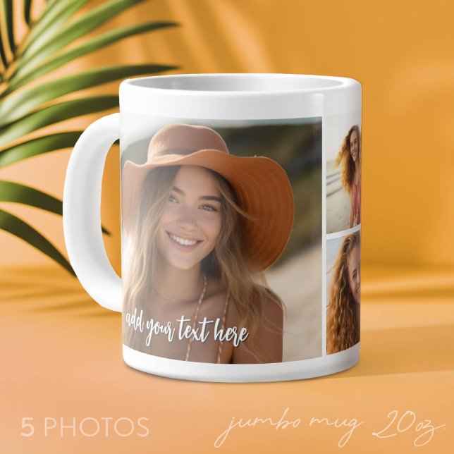 5 Photo Collage - Mod Minimal with Script Text Large Coffee Mug (Photo Mug - add 5 photos to make a personal gift)