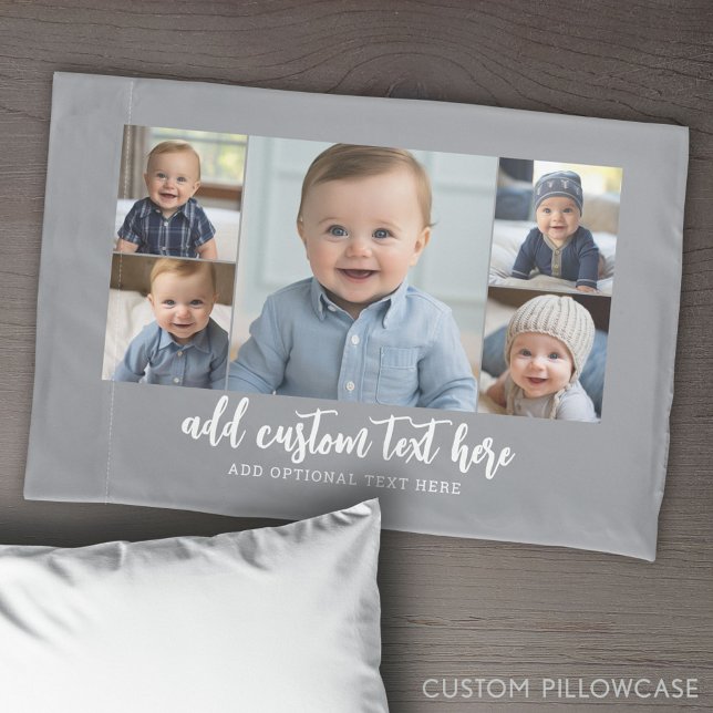 5 Photo Collage Modern Minimal Grey White Pillowcase (Create Your Own Photo Collage Pillowcase)