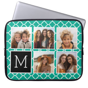 5 Photo Collage Monogram - Emerald Green and Black Laptop Sleeve