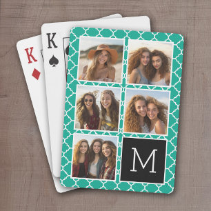 5 Photo Collage Monogram - Emerald Green and Black Playing Cards
