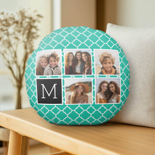 5 Photo Collage Monogram - Emerald Green and Black Round Pillow
