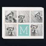 5 Photo Collage Monogram - White and Teal Wooden Box Sign<br><div class="desc">You can use square or selfie photos for this design. Use five square photos to create a unique and personal gift. Or you can keep the hipster puppy and make a trendy keepsake. If you need to adjust the pictures,  click on the customize tool to make changes.</div>