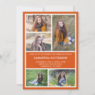 5 Photo Collage Orange & White Graduation Invitation