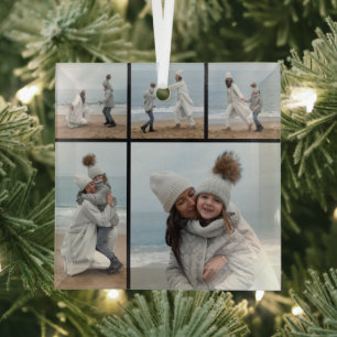 5 Photo Collage Our First Christmas Wedding Couple Glass Ornament