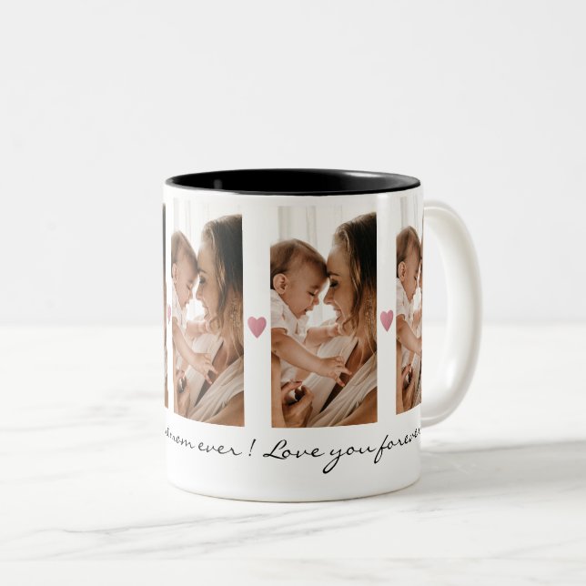 5 Photo Collage Pink Glitter Heart Best Mom Ever Two-Tone Coffee Mug (Front Right)
