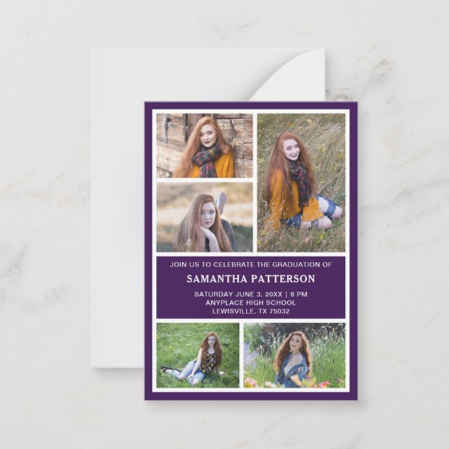 5 Photo Collage Purple & White Graduation Ceremony Card (Front)