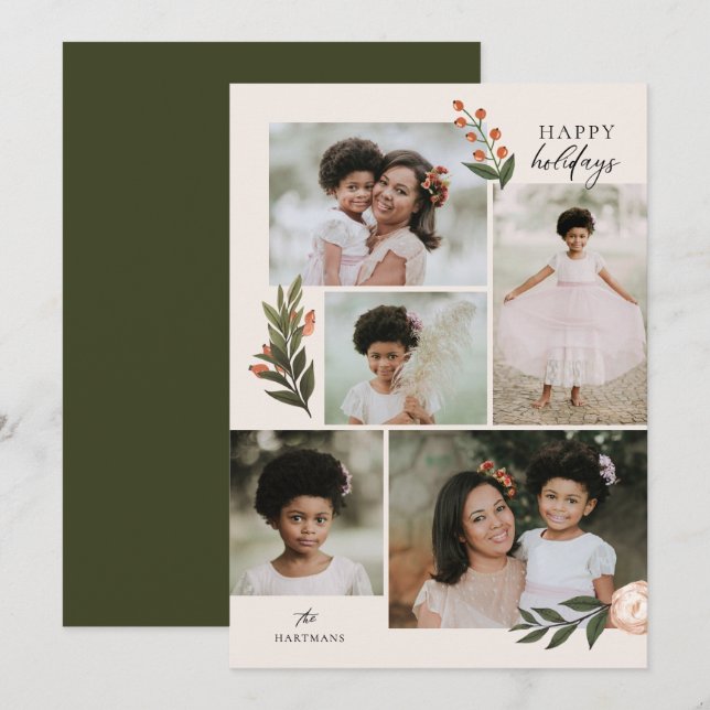 5 Photo Collage Terracotta Boho Floral  Holiday Card (Front/Back)