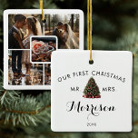 5 Photo Collage Wedding First Christmas Ceramic Ornament<br><div class="desc">Photo collage for couple first married Christmas. Customize with your photos and details.</div>