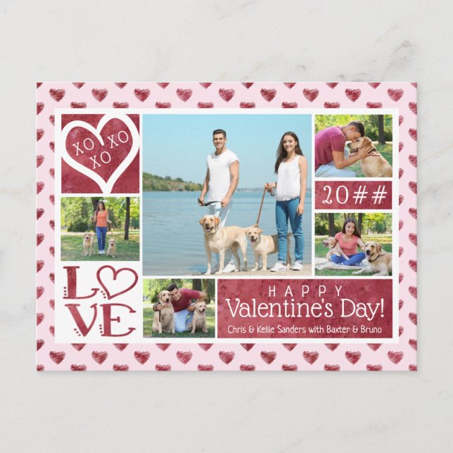 5 Photo Collage Wine Watercolor Hearts Valentine Holiday Postcard (Front)
