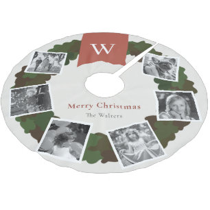 5 Photo Collage Wreath Monogram Burgundy Brushed Polyester Tree Skirt