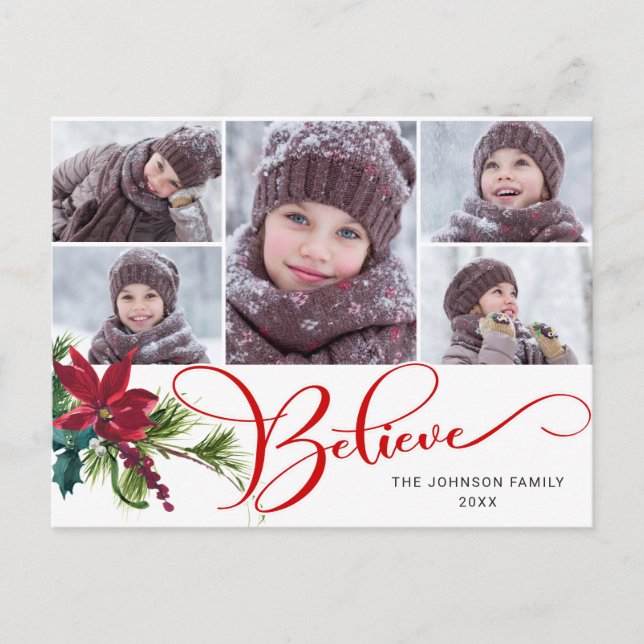 5 Photo Elegant Poinsettia Christmas BELIEVE  Postcard (Front)