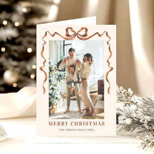 5 Photo Funky Boho Beige Christmas Bow Ribbon Holiday Card