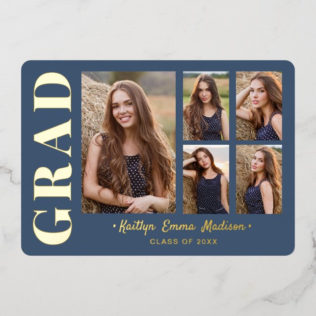 5 Photo Grad Collage Dusty Blue & Gold Foil Card (Front)