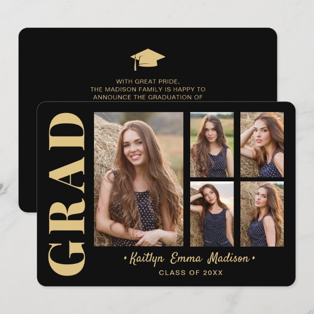 5 Photo Grad Collage Modern Script Black and Gold Announcement (Front/Back)
