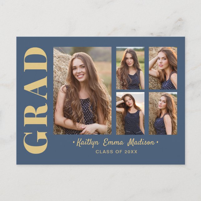5 Photo Grad Collage Modern Script Blue and Gold Postcard (Front)