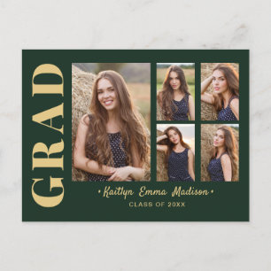 5 Photo Grad Collage Modern Script Green and Gold Postcard