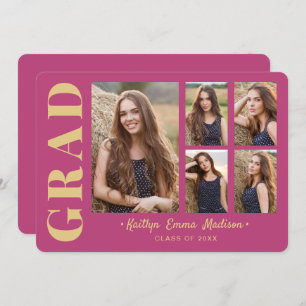 5 Photo Grad Collage Modern Script Pink and Gold Announcement