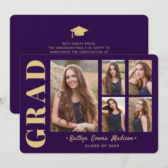 5 Photo Grad Collage Modern Script Purple and Gold Announcement (Front/Back)