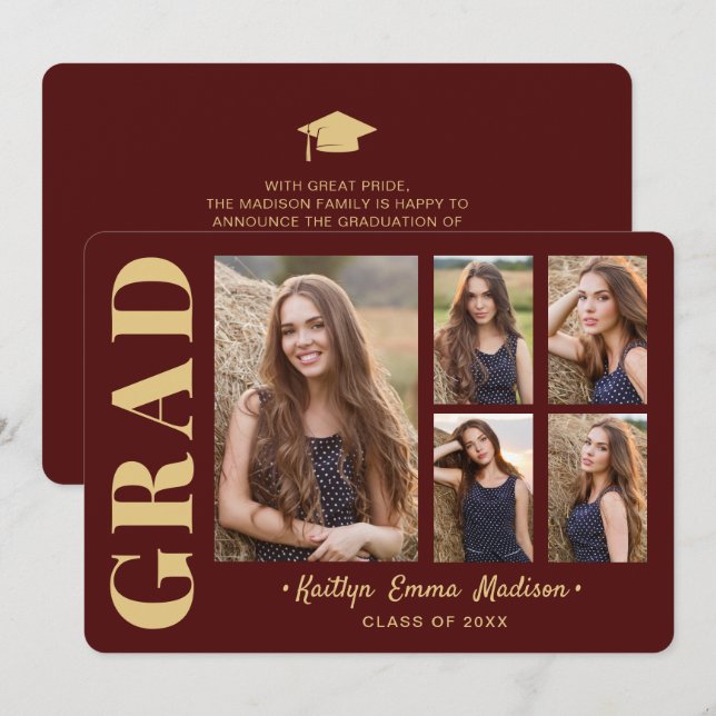 5 Photo Grad Collage Modern Script Red and Gold Announcement (Front/Back)