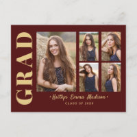 5 Photo Grad Collage Modern Script Red and Gold