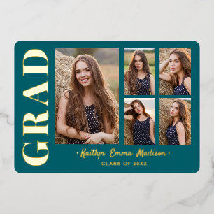 5 Photo Grad Collage Teal & Gold Foil Card
