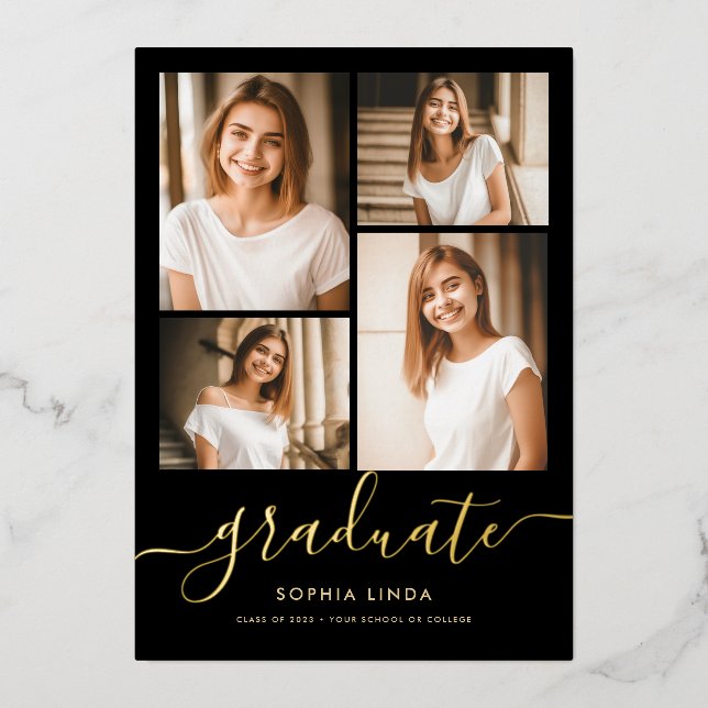 5 Photo Graduation Collage Elegant Black & Gold (Front)