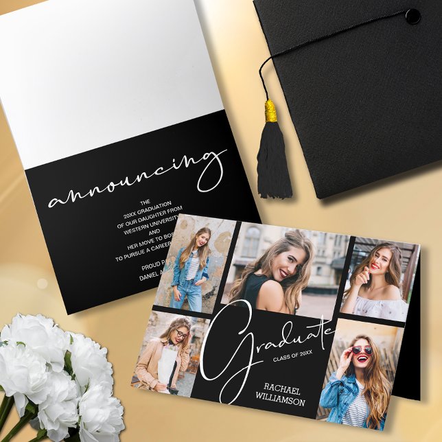 5 Photo Graduation Collage Folded Black Announcement (5 Photo Graduation Collage Folded Black Announcements)