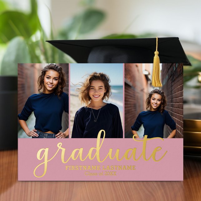 5 Photo Graduation Party Modern Script Gold (Graduation announcement and invitation with multiple photos)