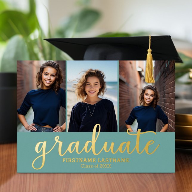 5 Photo Graduation Party Modern Script Gold Real (Graduation announcement and invitation with multiple photos)